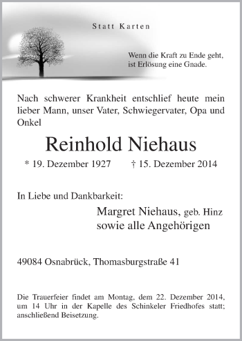 Traueranzeige von Reinhold Niehaus von Neue Osnabrücker Zeitung GmbH & Co. KG