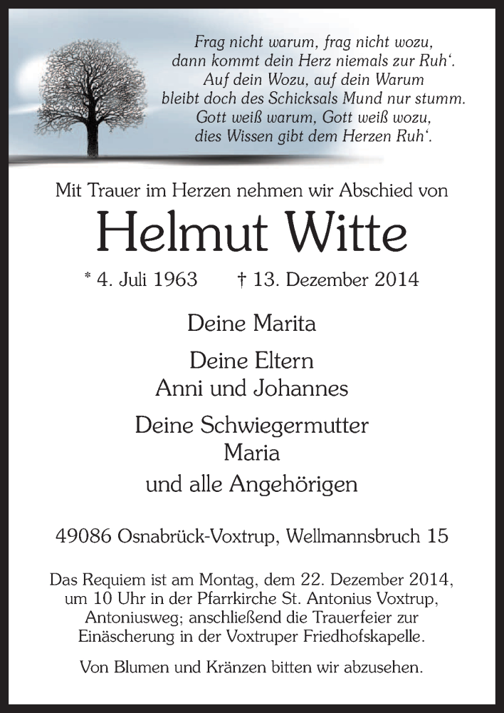  Traueranzeige für Helmut Witte vom 18.12.2014 aus Neue Osnabrücker Zeitung GmbH & Co. KG
