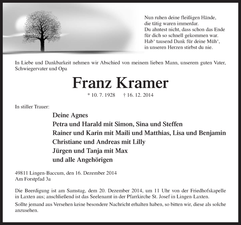  Traueranzeige für Franz Kramer vom 18.12.2014 aus Neue Osnabrücker Zeitung GmbH & Co. KG