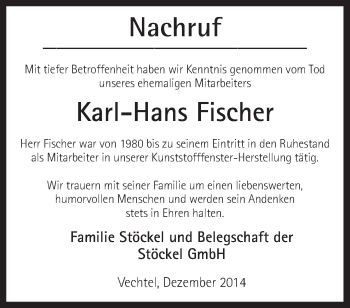 Traueranzeige von Karl-Hans Fischer von Neue Osnabrücker Zeitung GmbH & Co. KG