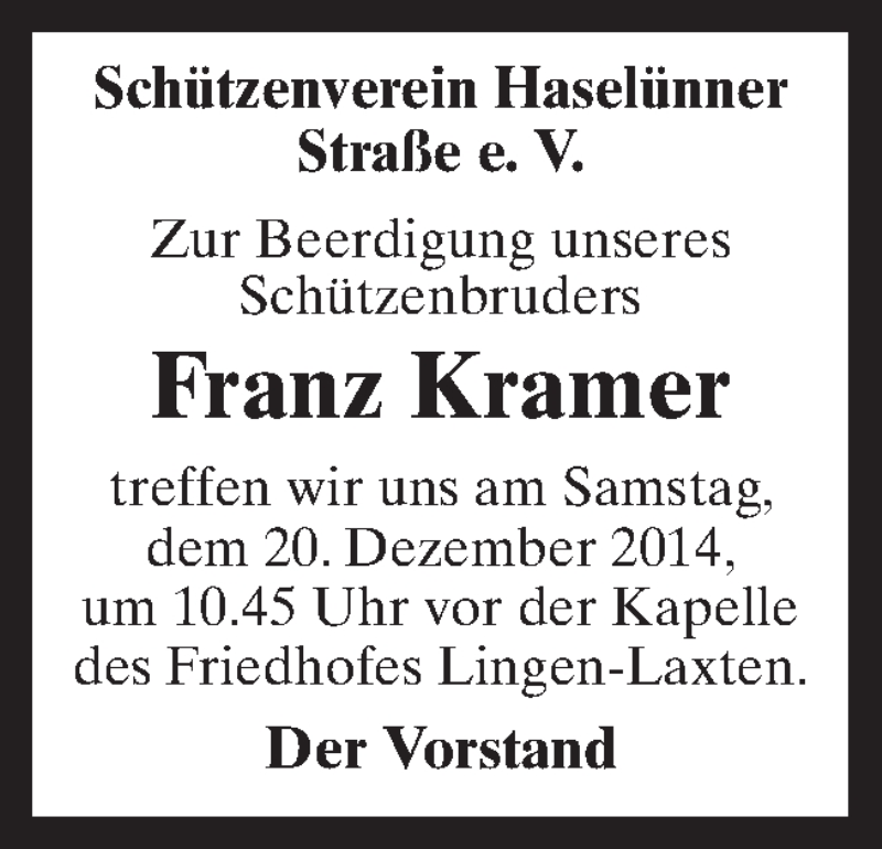  Traueranzeige für Franz Kramer vom 19.12.2014 aus Neue Osnabrücker Zeitung GmbH & Co. KG