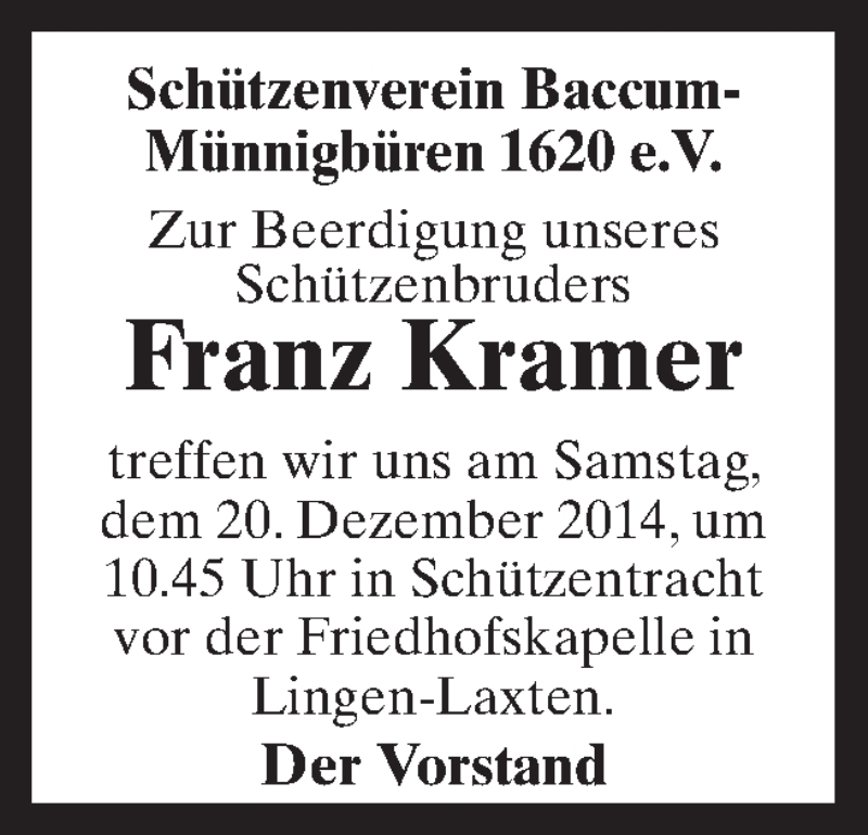  Traueranzeige für Franz Kramer vom 19.12.2014 aus Neue Osnabrücker Zeitung GmbH & Co. KG