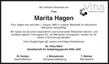 Traueranzeige von Marita Hagen von Neue Osnabrücker Zeitung GmbH & Co. KG