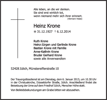 Traueranzeige von Heinz Krone von Neue Osnabrücker Zeitung GmbH & Co. KG