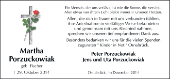Traueranzeige von Martha Porzuckowiak von Neue Osnabrücker Zeitung GmbH & Co. KG