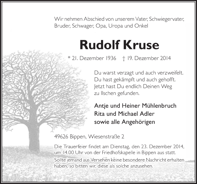  Traueranzeige für Rudolf Kruse vom 20.12.2014 aus Neue Osnabrücker Zeitung GmbH & Co. KG