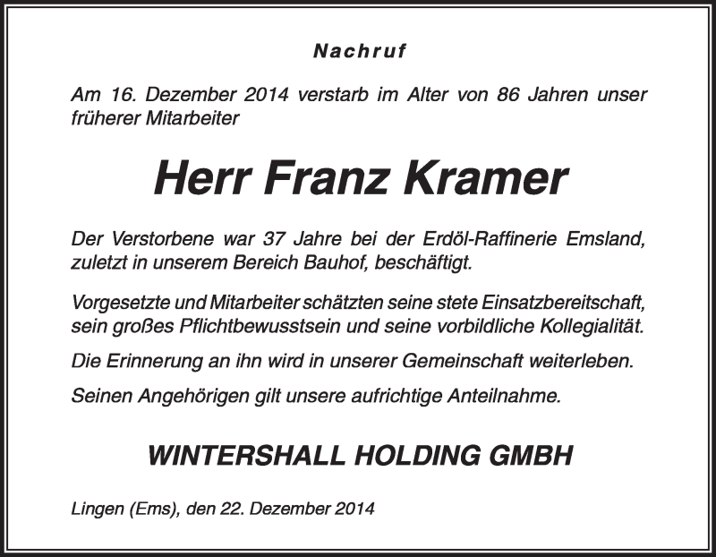  Traueranzeige für Franz Kramer vom 22.12.2014 aus Neue Osnabrücker Zeitung GmbH & Co. KG
