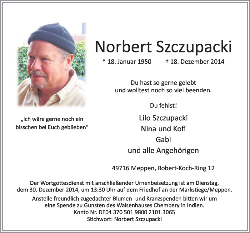  Traueranzeige für Norbert Szczupacki vom 22.12.2014 aus Neue Osnabrücker Zeitung GmbH & Co. KG