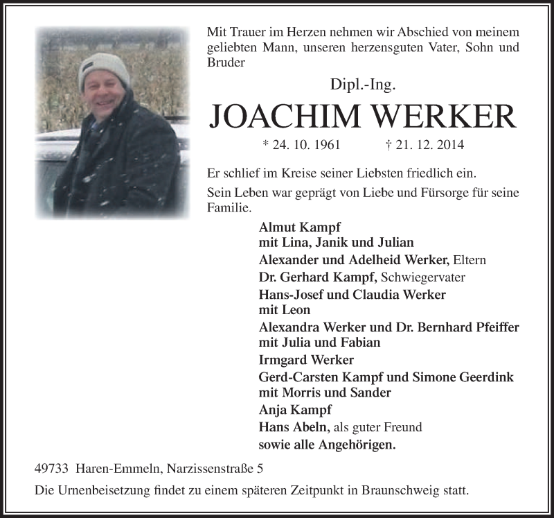  Traueranzeige für Joachim Werker vom 23.12.2014 aus Neue Osnabrücker Zeitung GmbH & Co. KG