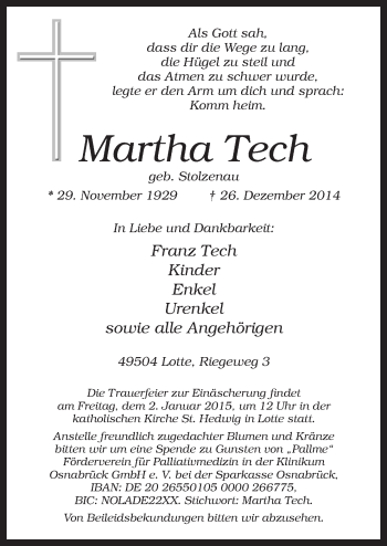 Traueranzeige von Martha Tech von Neue Osnabrücker Zeitung GmbH & Co. KG