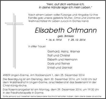 Traueranzeige von Elisabeth Ortmann von Neue Osnabrücker Zeitung GmbH & Co. KG