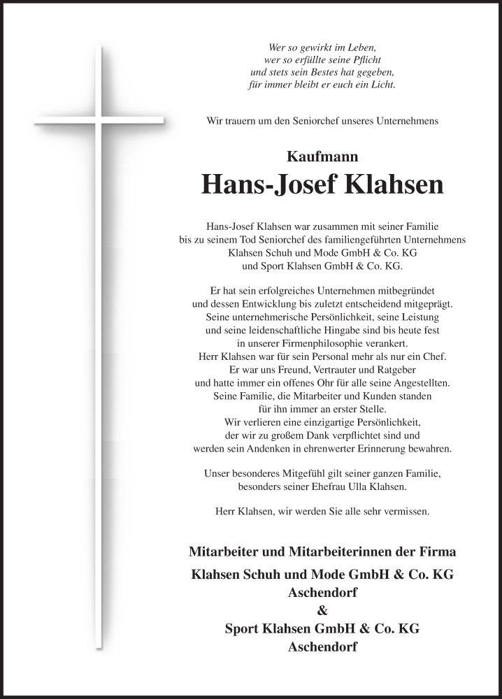  Traueranzeige für Hans-Josef Klahsen vom 30.12.2014 aus Neue Osnabrücker Zeitung GmbH & Co. KG