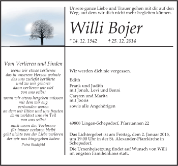 Traueranzeige von Willi Bojer von Neue Osnabrücker Zeitung GmbH & Co. KG