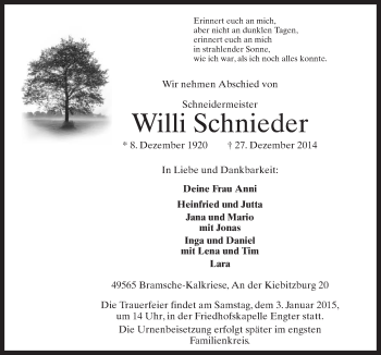 Traueranzeige von Willi Schnieder von Neue Osnabrücker Zeitung GmbH & Co. KG