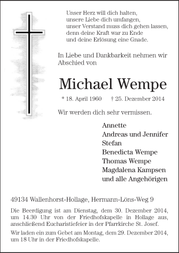 Traueranzeige von Michael Wempe von Neue Osnabrücker Zeitung GmbH & Co. KG