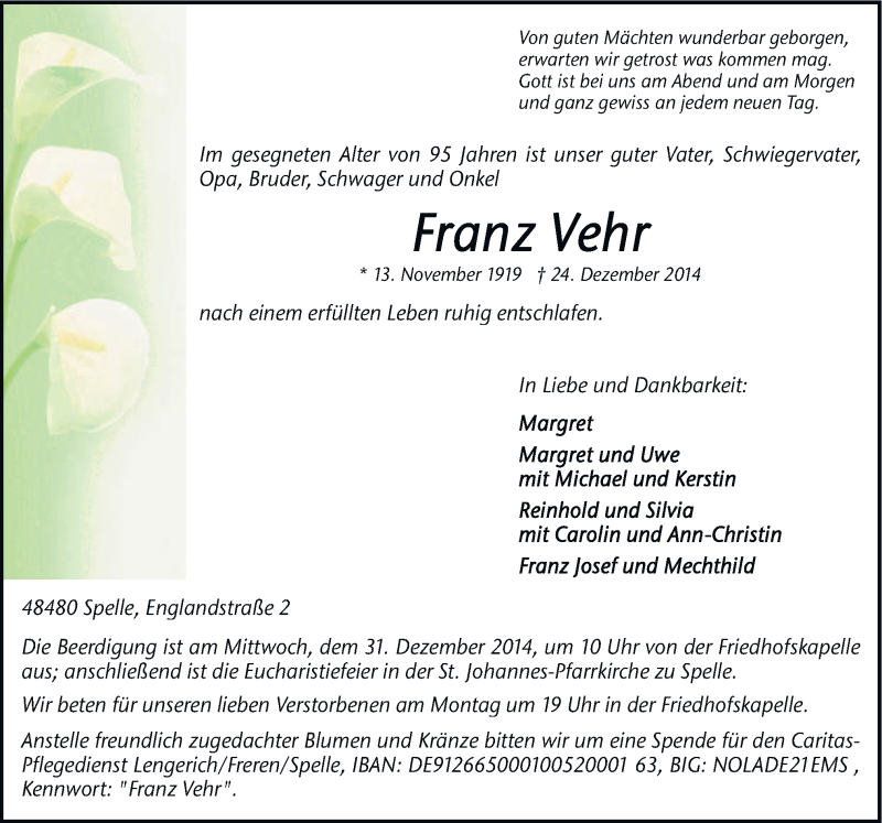  Traueranzeige für Franz Vehr vom 27.12.2014 aus Neue Osnabrücker Zeitung GmbH & Co. KG