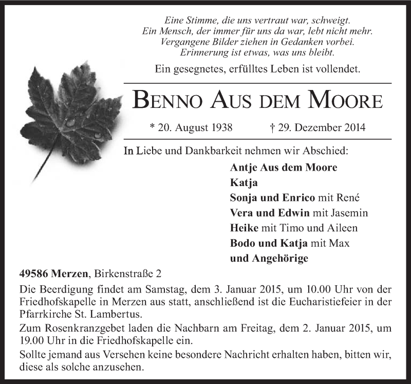  Traueranzeige für Benno aus dem Moore vom 31.12.2014 aus Neue Osnabrücker Zeitung GmbH & Co. KG