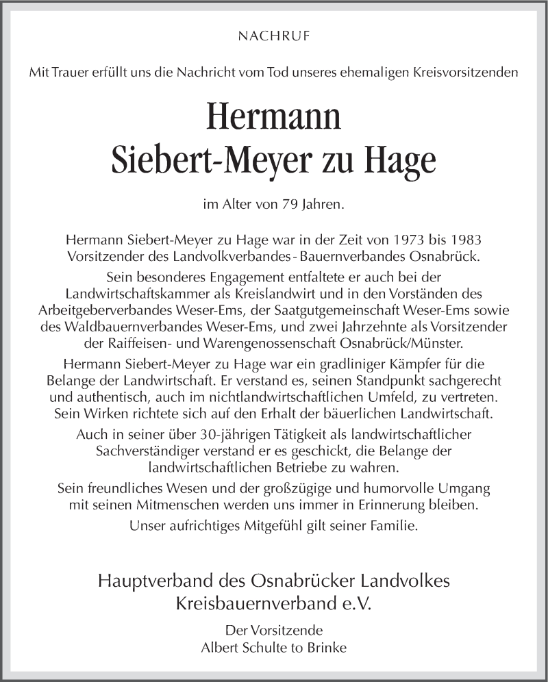  Traueranzeige für Hermann Siebert-Meyer zu Hage vom 31.12.2014 aus Neue Osnabrücker Zeitung GmbH & Co. KG