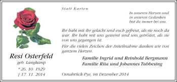 Traueranzeige von Resi Osterfeld von Neue Osnabrücker Zeitung GmbH & Co. KG