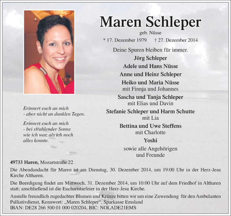  Traueranzeige für Maren Schleper vom 29.12.2014 aus Neue Osnabrücker Zeitung GmbH & Co. KG