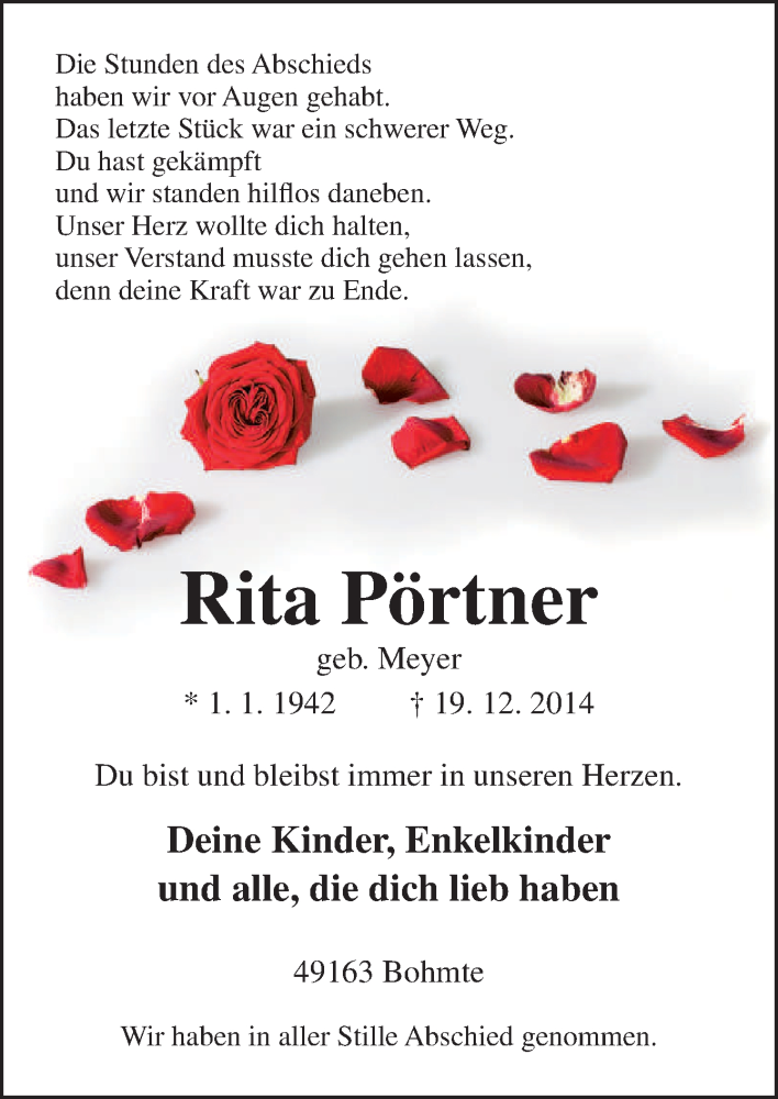  Traueranzeige für Rita Pörtner vom 24.12.2014 aus Neue Osnabrücker Zeitung GmbH & Co. KG