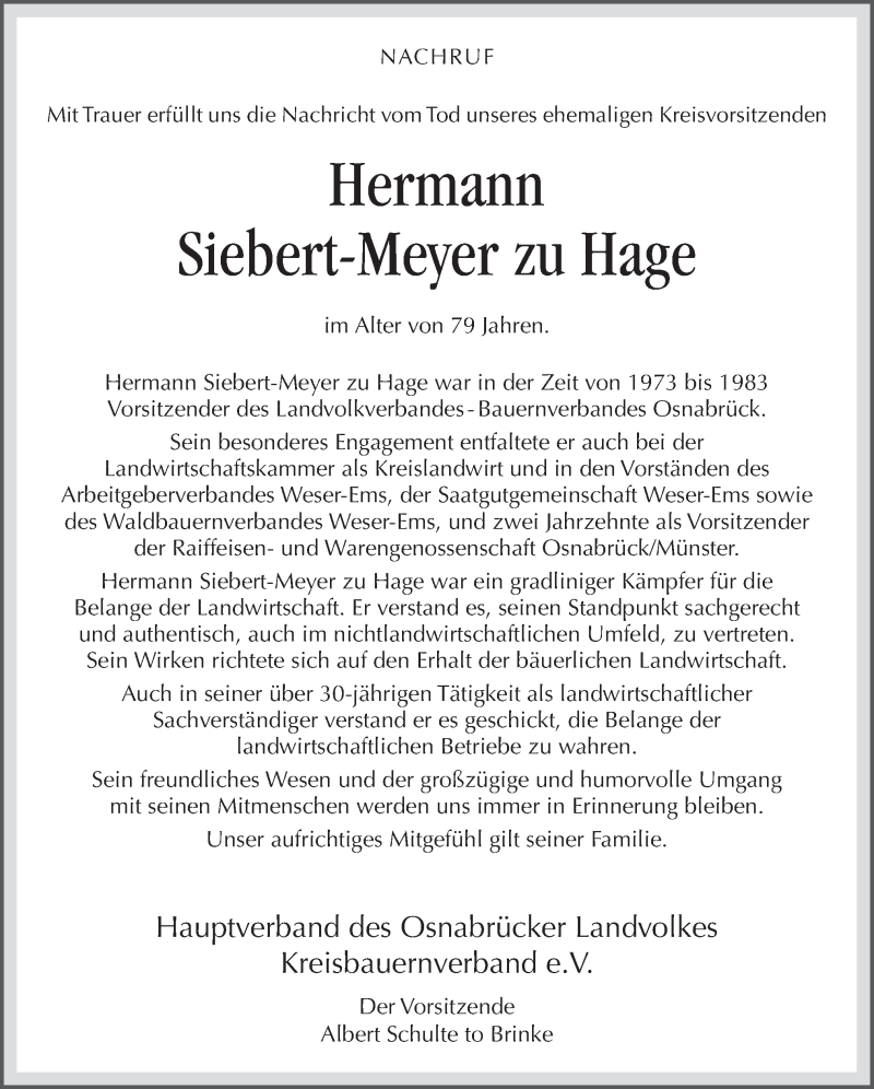  Traueranzeige für Hermann Siebert-Meyer zu Hage vom 30.12.2014 aus Neue Osnabrücker Zeitung GmbH & Co. KG