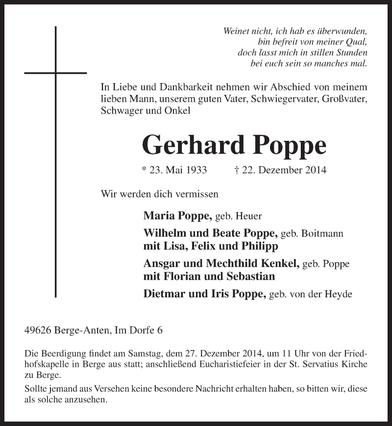  Traueranzeige für Gerhard Poppe vom 24.12.2014 aus Neue Osnabrücker Zeitung GmbH & Co. KG