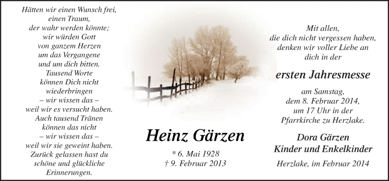  Traueranzeige für Heinz Gärzen vom 05.02.2014 aus Neue Osnabrücker Zeitung GmbH & Co. KG