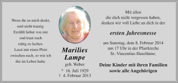 Traueranzeige von Marlies Lampe von Neue Osnabrücker Zeitung GmbH & Co. KG