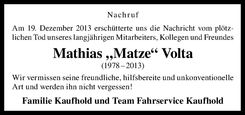  Traueranzeige für Mathias Volta vom 01.02.2014 aus Neue Osnabrücker Zeitung GmbH & Co. KG