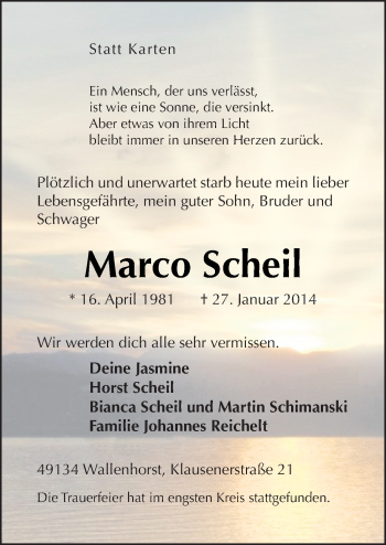 Traueranzeige von Marco Scheil von Neue Osnabrücker Zeitung GmbH & Co. KG
