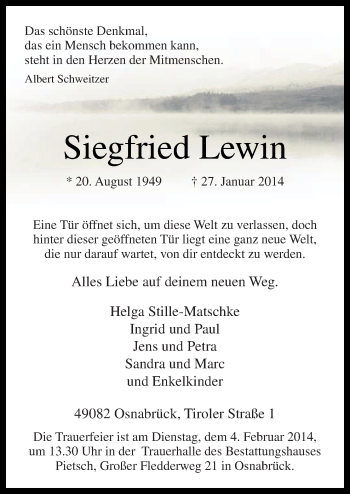 Traueranzeige von Siegfried Lewin von Neue Osnabrücker Zeitung GmbH & Co. KG