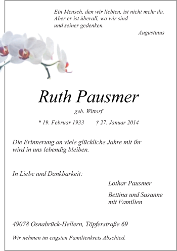 Traueranzeige von Ruth Pausmer von Neue Osnabrücker Zeitung GmbH & Co. KG