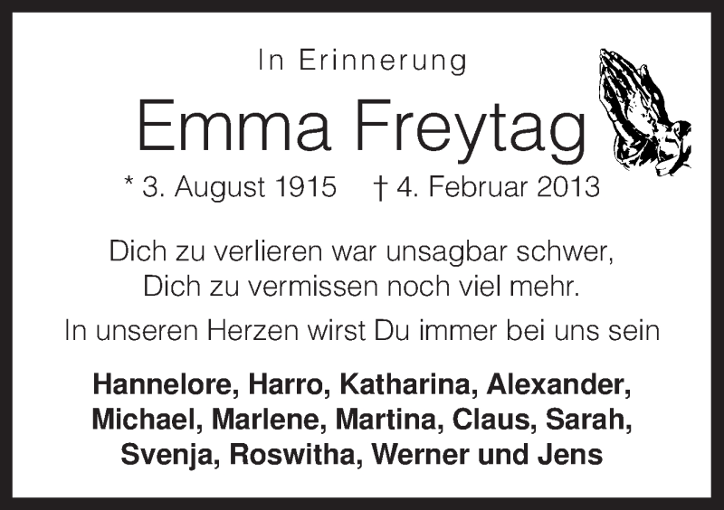  Traueranzeige für Emma Freytag vom 04.02.2014 aus Neue Osnabrücker Zeitung GmbH & Co. KG