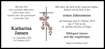 Traueranzeige von Katharina Jansen von Neue Osnabrücker Zeitung GmbH & Co. KG