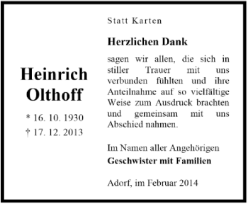 Traueranzeige von Heinrich Olthoff von Neue Osnabrücker Zeitung GmbH & Co. KG