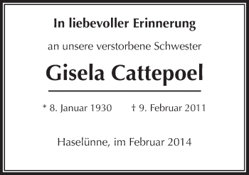 Traueranzeige von Gisela Cattepoel von Neue Osnabrücker Zeitung GmbH & Co. KG