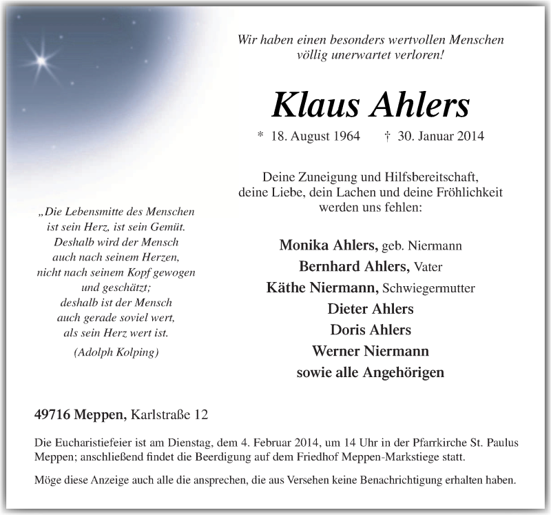  Traueranzeige für Klaus Ahlers vom 01.02.2014 aus Neue Osnabrücker Zeitung GmbH & Co. KG