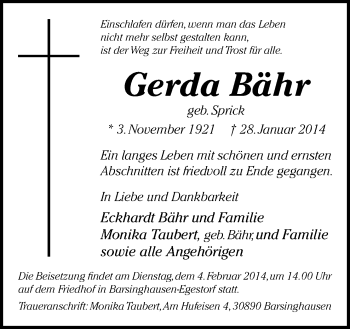 Traueranzeige von Gerda Bähr von Neue Osnabrücker Zeitung GmbH & Co. KG