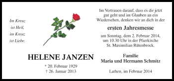 Traueranzeige von Helene Janzen von Neue Osnabrücker Zeitung GmbH & Co. KG