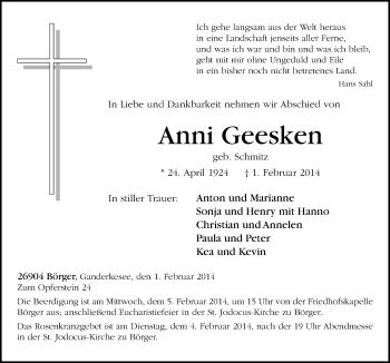 Traueranzeige von Anni Geesken von Neue Osnabrücker Zeitung GmbH & Co. KG