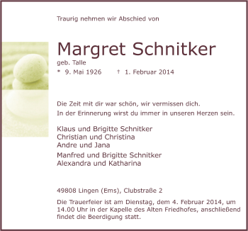Traueranzeige von Margret Schnitker von Neue Osnabrücker Zeitung GmbH & Co. KG
