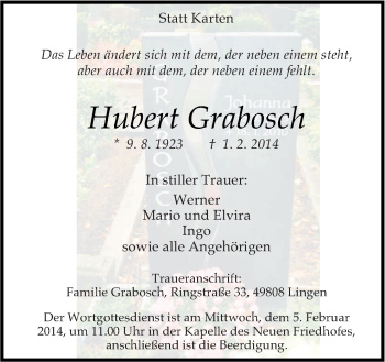 Traueranzeige von Hubert Grabosch von Neue Osnabrücker Zeitung GmbH & Co. KG