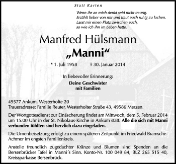 Traueranzeige von Manfred Hülsmann von Neue Osnabrücker Zeitung GmbH & Co. KG
