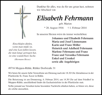 Traueranzeige von Elisabeth Fehrmann von Neue Osnabrücker Zeitung GmbH & Co. KG