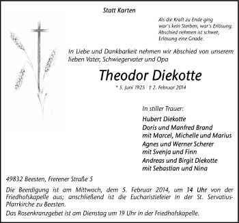 Traueranzeige von Theodor Diekotte von Neue Osnabrücker Zeitung GmbH & Co. KG