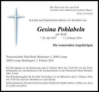 Traueranzeige von Gesina Pohlabeln von Neue Osnabrücker Zeitung GmbH & Co. KG