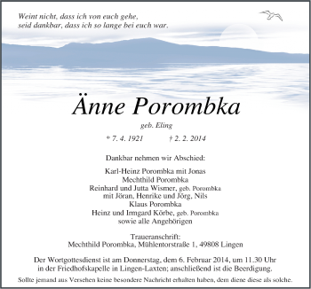 Traueranzeige von Änne Porombka von Neue Osnabrücker Zeitung GmbH & Co. KG