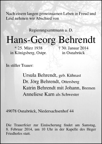 Traueranzeige von Hans-Georg Behrendt von Neue Osnabrücker Zeitung GmbH & Co. KG