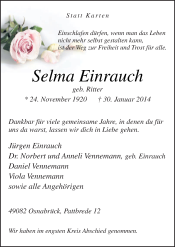 Traueranzeige von Selma Einrauch von Neue Osnabrücker Zeitung GmbH & Co. KG